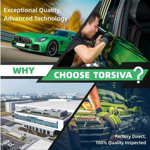 Collage highlighting Torsiva's car detailing, technology, and factory with text about quality and advancement.