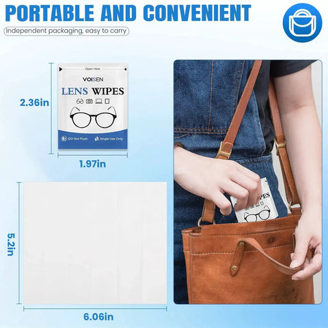 Pre Moistened Lens Wipes For Eyeglasses Goggles Non Scratching 250 Pack shown being placed into a brown bag