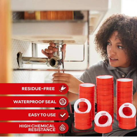 Pro Grade Teflon Tape For Plumbing One Half Inch By Three Hundred Ninety Four Inches Thirty Pack Watertight Pipe Thread Seal For Shower Heads Garden Hose And Leak Repair High Pressure Up To Two Thousand PSI visible in use.