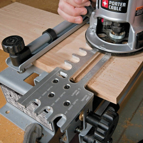 12-Inch Dovetail Jig Kit For Woodworking With Mini Templates 4211 4213 And 4215 in use on wooden panel for precise joinery