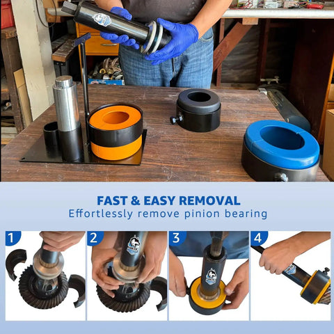 Demonstration of Carrier and Pinion Bearing Puller for Dana 30 40 60 70 80 and Ford 8.8 9.75 10.25 inch bearings in workshop.