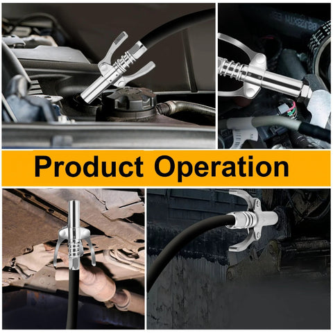 Grease gun coupler set (2 pcs); chrome metal with quick-connect lock-on, 1/8 in NPT, 12000 PSI, for automotive, farm, and industrial grease guns.