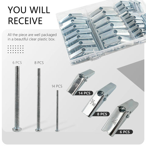 Heavy Duty Metal Drywall Anchor Kit With Toggle Bolts And Wing Nuts In Three Sizes 1/8 Inch 3/16 Inch And 1/4 Inch Includes 28 Umbrella Butterfly Hollow Wall Anchors displayed with packaging and various sizes.