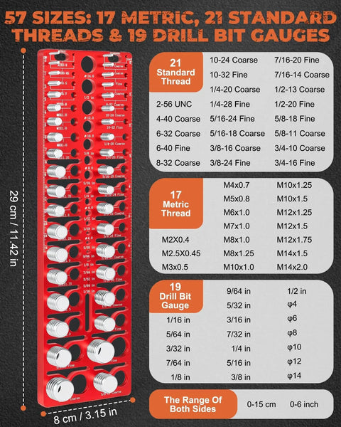"57 In 1 Nut And Bolt Thread Checker With 21 Standard And 17 Metric Thread Gauges And 19 Drill Bit Gauges Wall Mount Bolt Size Finder"