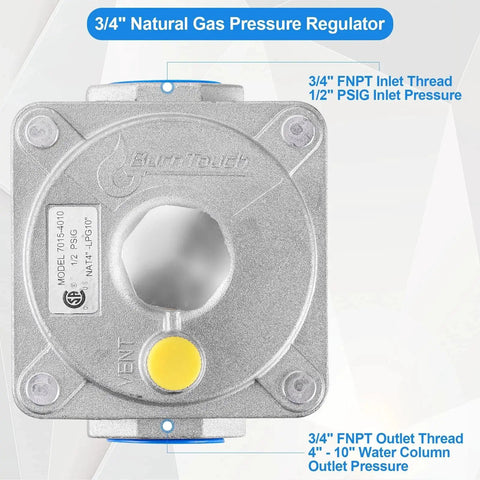 Natural Gas Grill Regulator With Three Quarter Inch FNPT Inlet And Outlet Catilon, showing connector threads and pressure details