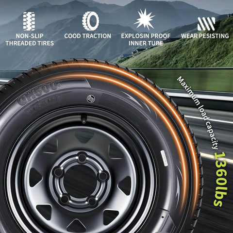 Close-up view of Two Pack Trailer Tire On Rim ST175 80D13 with 13 inch rims and five lug pattern, highlighting features and load capacity.