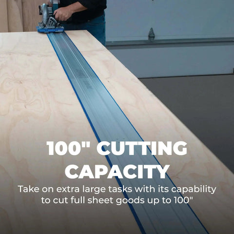 Person using Accu Cut XL Universal Track Saw Guide System for precise straight cuts on large wood panel in workshop