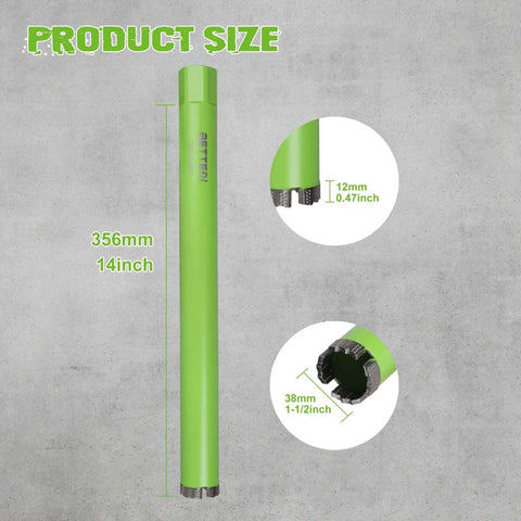 Pro Grade One Point Five Inch Wet Diamond Core Bit For Reinforced Concrete And Rebar Fourteen Inch Drilling Depth Laser Welded Turbo Segments Five Eighth Inch Eleven Threaded Shank Built For Brick Block And Hard Masonry Drilling shown in product dimensions with close-up detail.