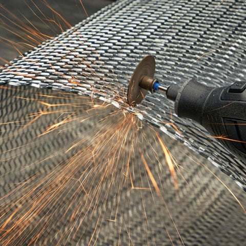 Rotary tool with EZ Lock Starter Kit cutting metal mesh using 1-1/2 inch cut-off wheel and EZ402 mandrel, sparks flying