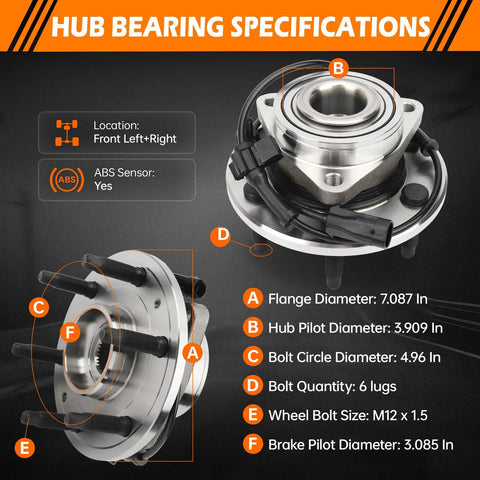 4WD Front Wheel Hub Bearing Assembly With ABS For Chevrolet Silverado Tahoe Suburban Avalanche Express 1500 6 Lug Fits GMC Yukon Sierra Savana Front Left Or Right Truck Grade 515036, showing specifications