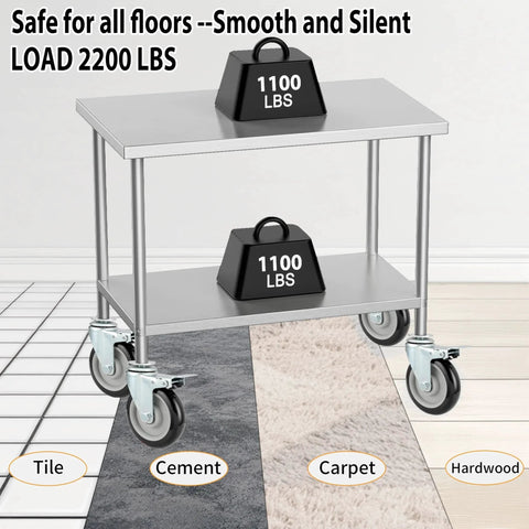 Five Inch Prep Table Casters Set Of 4 Heavy Duty Expanding Stem Wheel Casters with brakes on stainless steel cart with weights