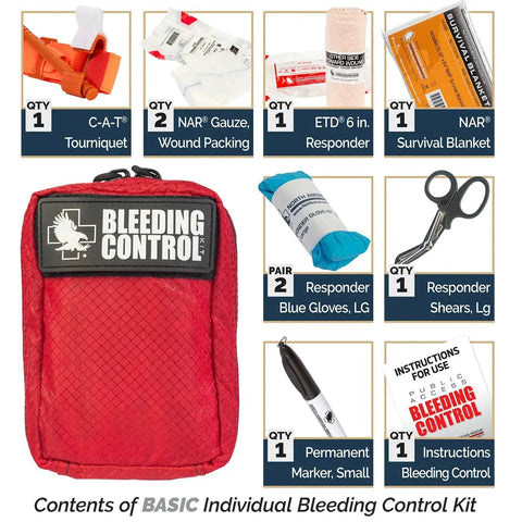 Contents of Public Access Bleeding Control Kit Basic In Compact Blood Control Bag With C-A-T Tourniquet, Gauze, Blanket, and Shears.