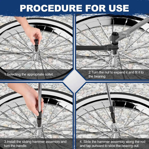 Blind Hole Bearing Puller Set With Slide Hammer And Expandable Collets 8 To 32 Millimeters showing usage process on bicycle wheel
