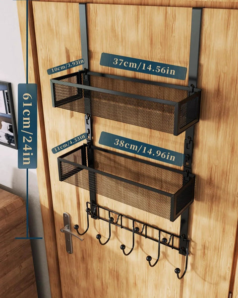 Over The Door Organizer With Nine Coat Hooks And Two Mesh Baskets For Towels And Small Essentials, Black Finish on wooden door
