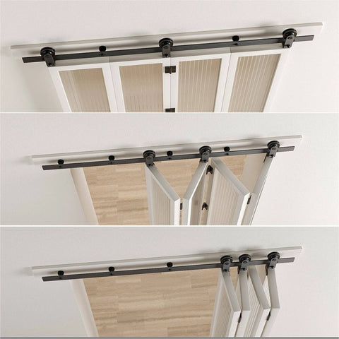 Heavy Duty Bifold Barn Door Hardware Kit For Four Doors, Six Foot Sliding Track System, All Doors Open To One Side, Hardware Only