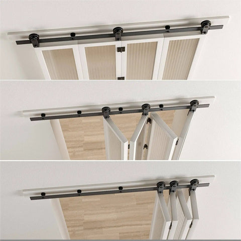 Heavy Duty Four Door Bifold Sliding Barn Door Hardware Kit With All Doors Open To One Side 6.6 Foot Track System