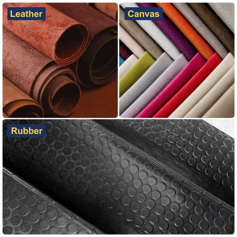 Different materials including leather, canvas, and rubber, used for Leather Punch Set Eight Size Square Hollow Cutter Kit Carbon Steel Durable Leather Craft Tool For Belts Straps Canvas And Leatherworking Projects For DIY Enthusiasts And Professional Leatherwork.