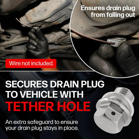 Magnetic Engine Oil Drain Plug M14x1.5 With High Temperature Neodymium Magnet Stainless Steel Construction Made In USA shown with tether hole for secure installation, wire not included.