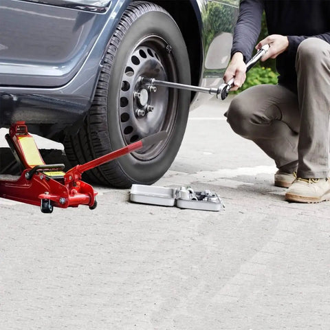 2 Ton Floor Jack Replacement Handle For Car Jack, Horizontal Hydraulic Jack Bar in use on vehicle with tools nearby.