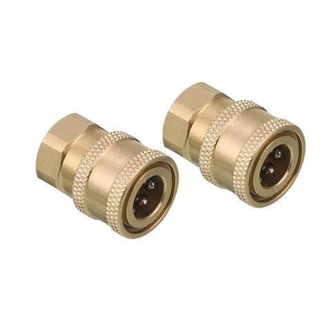Quick Connect Pressure Washer Coupler 1 Quarter Inch NPT Brass Socket And Female Thread Fitting visible side by side with ball lock design