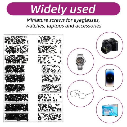 All-In-One 500-Piece Micro Screw Repair Kit With Tweezers For Glasses, Watches, Laptops And SSDs, assorted screws in box