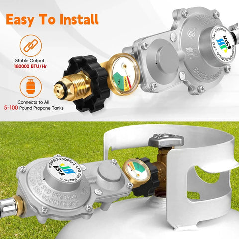 Two Stage Propane Regulator With 5 Foot Hose And Gauge For RVs Camp Stoves Gas Grills And Heaters Standard POL Connection Fits 5 To 100 Lb Propane Tanks Delivers Smooth Gas Flow And Reduces Pressure Fluctuations For Reliable Grilling And Camping Power.