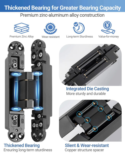 Heavy Duty Concealed Door Hinges 7 Inch Black Set Of 2 Hidden Hinges For Doors With 3 Way Adjustable And 180 Degree Swing Upgraded Copper Support 177 Lbs Load Bearing Durable Concealed Hardware For A Sleek Frameless Look, showing premium zinc alloy construction and die-casting details.