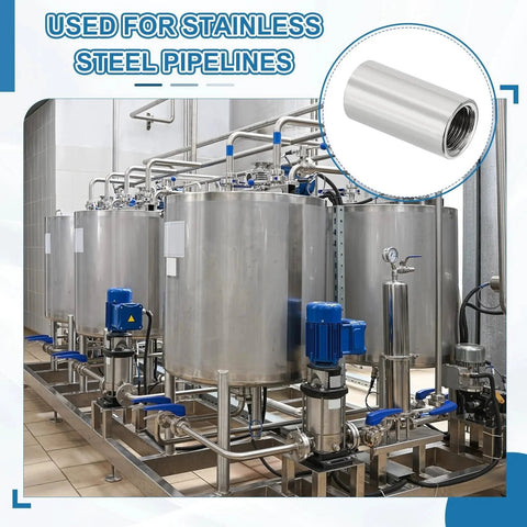 304 Stainless Steel 2 By 2 Inch Female BSPT Thread Straight Pipe Coupling Connector Adapter in industrial setup, silver finish.