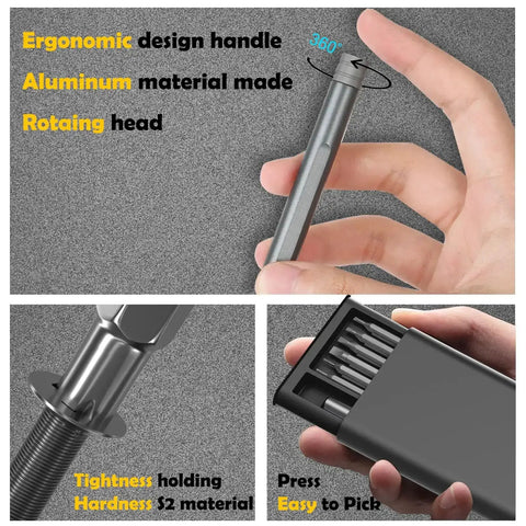 Dope 27 In 1 Magnetic Mini Screwdriver Set with aluminum handle and S2 steel bits showcasing ergonomic design and rotating head.