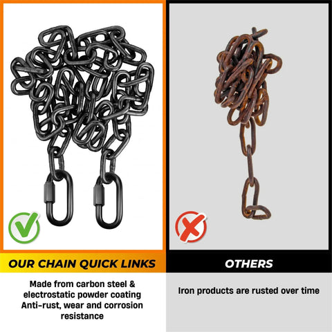 Comparison of 6 Pack 3 Inch Heavy Duty Chain Quick Links and rusted iron chain, highlighting anti-rust coating benefits.