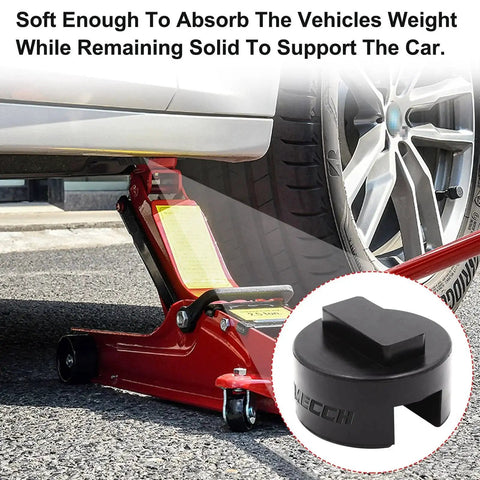 Car lifted with jack using BMW Mini Jack Pad Frame Rail Protector Slotted Rubber Square 2 Pack, close-up of pad.