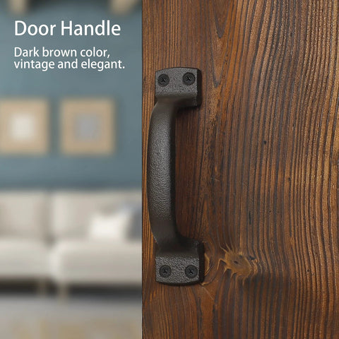 Heavy Duty 7 Inch Cast Iron Barn Door Pull Handles 2 Pack For Sliding Doors Gates Fences Drawers And Garages Dark Brown Metal Hardware Built To Last For Indoor Outdoor Use. Close-up view of rustic handle on wooden door.
