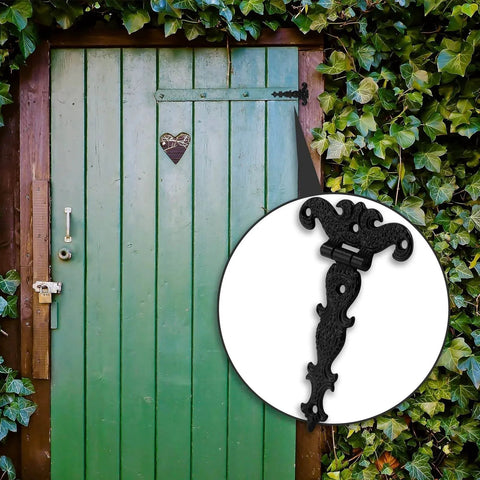 Tee Strap Hinge Set Heavy Duty Antique Black Hinges For Barn Doors And Gates Includes 20 Mounting Screws Four Pack 4.33 By 2.75 Inches High Strength Zinc Alloy Construction Decorative Gemel Hinges on green gate