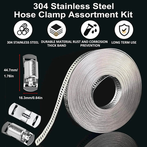 304 stainless steel hose clamp assortment kit with 32.81 ft adjustable band and 20 strong fasteners visible in coiled roll