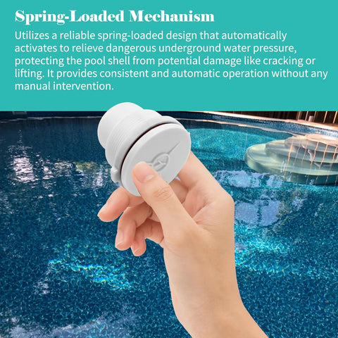 GripNex SP1056 spring-loaded hydrostatic relief valve, white plastic, handheld over a swimming pool.