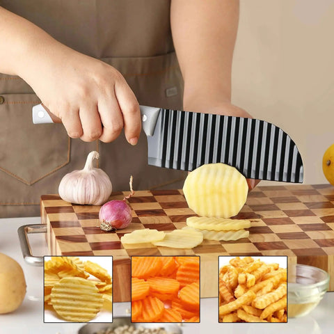 Person using Crinkle Cutter Wave For Veggies And Fries With Stainless Steel Blade And Rubber Handle Dishwasher Safe Brown