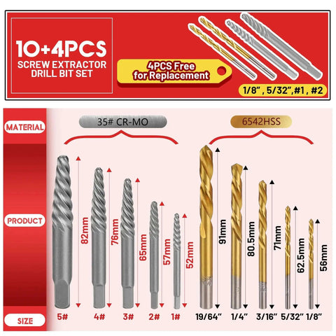14 Piece Screw Extractor Set Heavy Duty With Left Hand Drill Bits For Removing Stripped Screws And Broken Bolts Made From 35Cr-Mo And 6542 HSS Steel Cobalt Easy Out Kit With Spiral Extractors For Quick Hassle Free Repairs