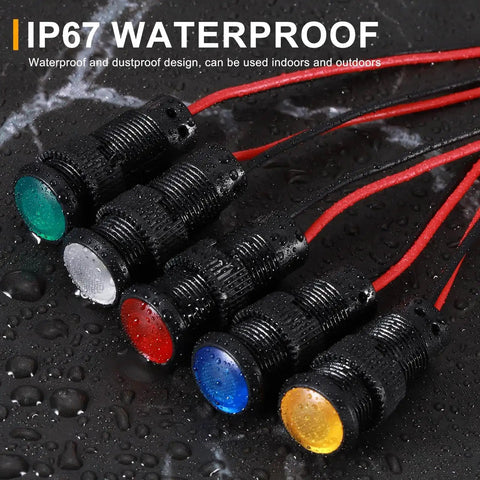 Green LED Indicator Light Pack Of Five 10mm Round Head 12V-24V AC/DC Waterproof IP67 Signal Lamp With 150mm Cable shown
