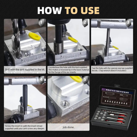 M5 X 0.8 Thread Repair Kit With Stainless Steel Inserts Drill Tap Counterbore And Install Driver in use on metal component