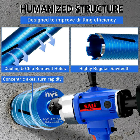 Diamond Core Drill Bit Set For Concrete Masonry, 2 1/2 Inch Diameter, 10 Inch Drilling Depth, features cooling holes and sawteeth