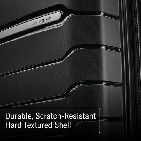 Close-up of Samsonite Freeform Hardside Carry On Luggage's black scratch-resistant hard shell texture