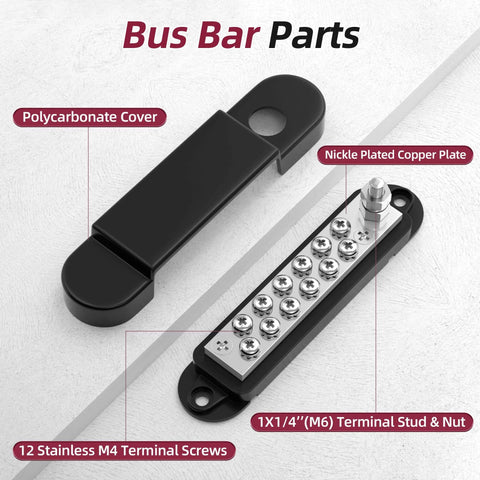 Marine Grade 12 Volt Bus Bar Power Distribution Block with one-quarter inch stud and twelve terminal screws, showing components.