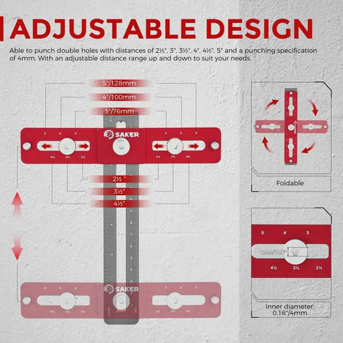 Doweling Jig For Cabinet Hardware And Knob Or Pull Templates Pro Grade Self Centering Punch Locator Precise Woodworking Drill Guide Aluminum Alloy Construction Anti Rust Easy DIY Cabinet Setup, shown in red and adjustable with measurement indicators.