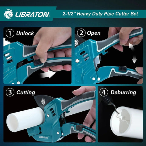 Heavy Duty Ratcheting PVC Pipe Cutter For PEX PVC And PPR Hoses Up To Two And One Half Inches With Deburring Tool in action.