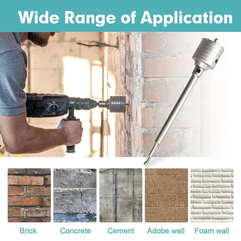 Nine Piece Masonry Concrete Hole Saw Kit With 30 40 65 80 100 Mm Hole Sizes, 300 Mm Tungsten Carbide Bits, SDS Plus And SDS Max Shank, Heavy Duty Drill Bit Set For Concrete Brick Cement Tile, shown drilling into a brick wall.