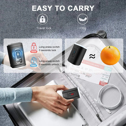 Amazon portable vacuum pump for vacuum storage bags; cordless handheld, black with red button, shown with luggage.