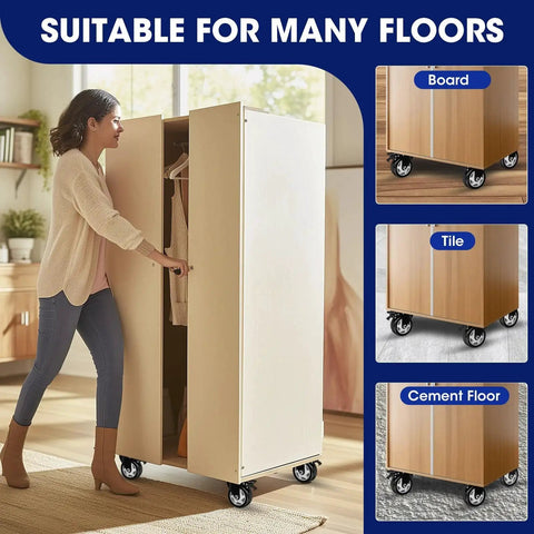 Side view of light wood cabinet on four 4-inch locking caster wheels with brakes