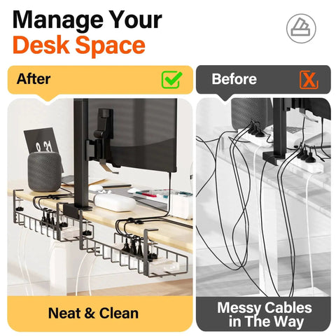 Before and after of desk with 2 Pack Under Desk Cable Management Tray With Upgraded Clamp No Drill Wire Organizer 31.4 Inch Metal Desk Cord Rack