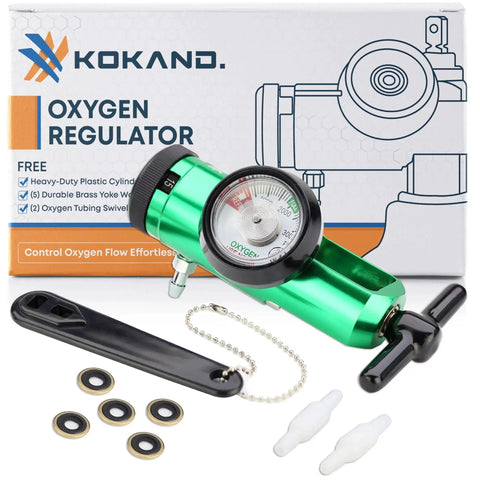 Precision oxygen regulator for 0-15 LPM with a clear gauge, CGA-870 compatibility, wrench key, seals, tubing connectors, on box.