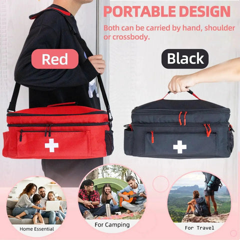 Go-To Spacious Double Layer First Aid Bag For Easy Organizing ALSLEA Large Medical Organizer Red and Black with shoulder straps